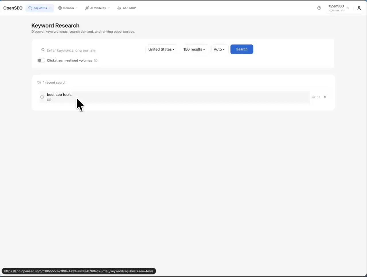 SEOBase keyword research dashboard