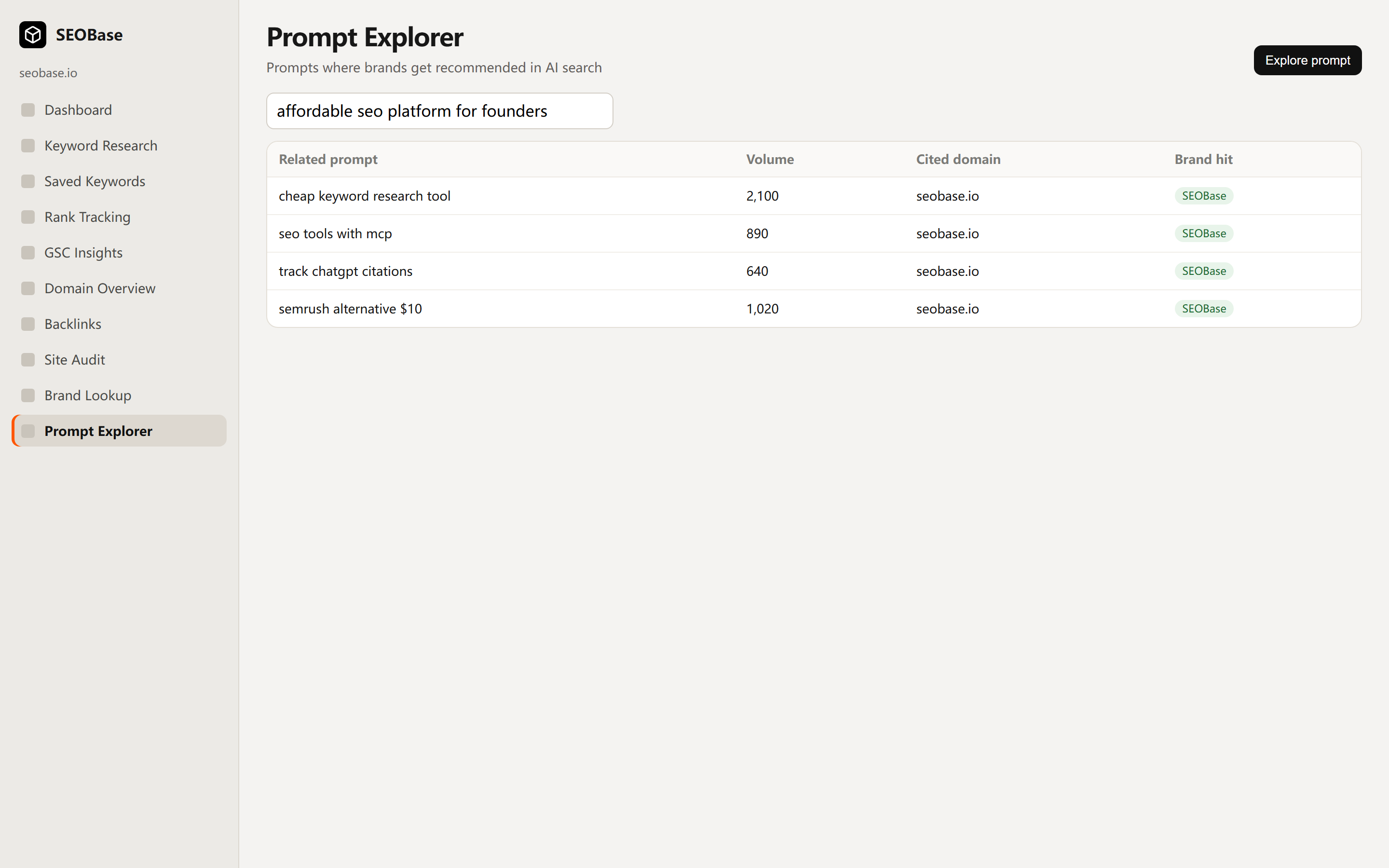 SEOBase prompt explorer
